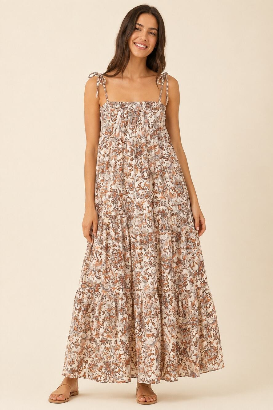 Moon River Women’s Large Paisley Boho Maxi Dress Tie Straps Smocked Tiered